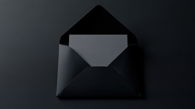 Black envelope with a white card on a dark background, highlighting minimalist elegance and sophisticated design