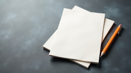 Minimalist workspace with blank sheets of paper and a pencil on a sleek gray surface, ideal for creativity and planning