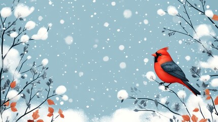 Red cardinal bird perched on snow-covered branches during a snowfall, winter scene.