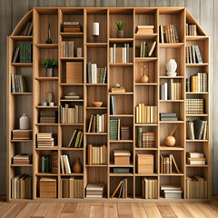 wooden book shelf filled with books in various sha