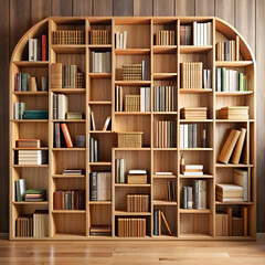wooden book shelf filled with books in various sha