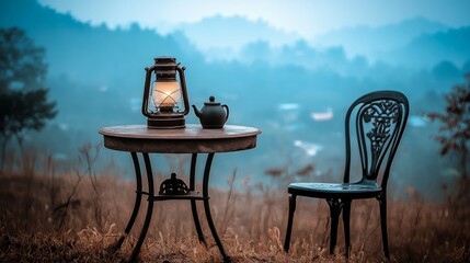 Fototapeta premium A table with a lantern and a tea kettle on it and a black chair next to it. The scene is set in a grassy field with mountains in the background. The table and chair are set up for a camping tri