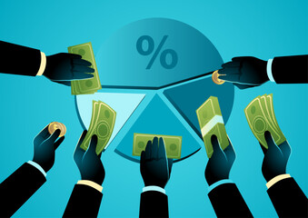 Hands offering money with a circular chart at the center, symbolizing shareholder equity, crowdfunding, business partnerships, and investments