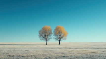 Serene landscape with two trees in tranquil field under clear blue sky