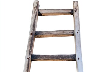 A wooden ladder leans against a plain white surface
