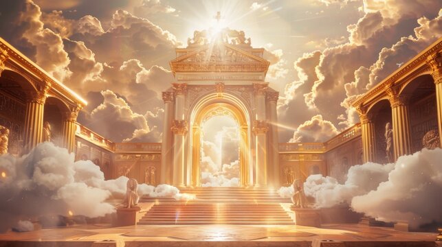 A majestic golden gate stands tall amidst fluffy white clouds, representing the ethereal doors to heaven and the promise of afterlife. - Powered by Adobe
