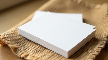 Fototapeta premium Stack of plain white business cards on a burlap surface, perfect for branding or corporate identity concepts