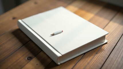 A close-up of a blank notebook with a yellow pencil on a wooden desk, bathed in warm sunlight