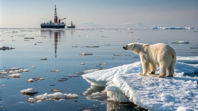 Polar bear on melting iceberg observing oil rig in arctic ocean