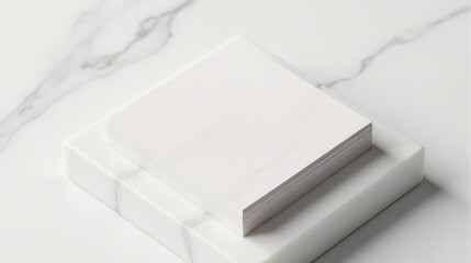 Obraz premium Elegant white business card on a marble slab with green leaves, showcasing minimalistic design and sophistication