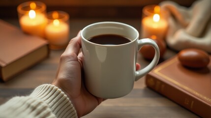 Obraz premium A cozy scene featuring a hand holding a steaming cup of coffee, surrounded by books, candles, and soft lighting, evoking warmth and relaxation