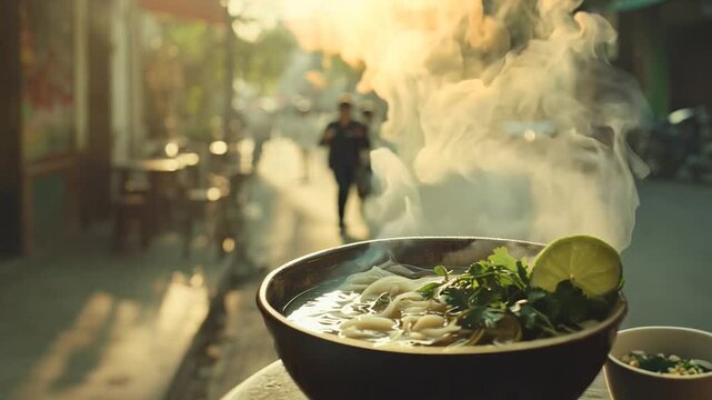 A steaming bowl of Vietnamese pho with fresh herbs and lime sits on a wooden table, framed by the tranquil atmosphere of a sunlit urban street.