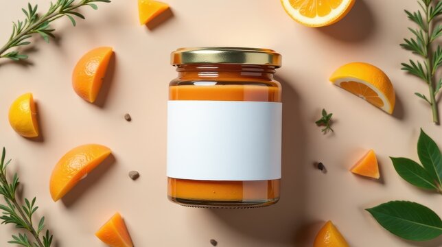 A jar of vibrant orange marmalade is surrounded by fresh orange slices and sprigs of rosemary on a pastel background