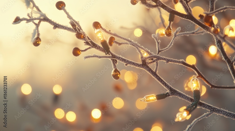 Poster a winter scene with a frosty tree lit up by colorful lights