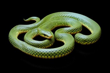Obraz premium A close-up of a green snake curled up on a black surface
