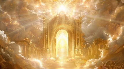 A majestic golden gate stands tall amidst fluffy white clouds, representing the ethereal doors to heaven and the promise of afterlife. © Deris Firmansyah