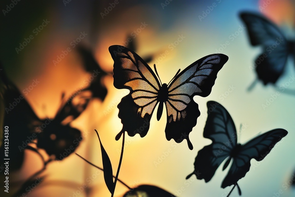 Poster a cluster of colorful butterflies in focus, ideal for use in educational or scientific contexts