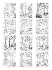 Black and White Forest Scene Coloring Page with Tall Trees and Mushrooms