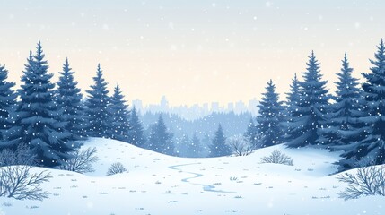 Naklejka premium Snowy winter landscape with evergreen trees, snow-covered hills, and a city skyline in the distance.