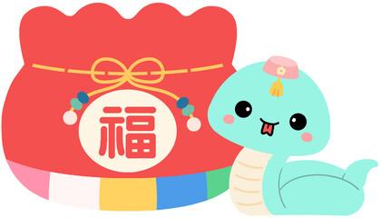  2025 새해 설날 복주머니와 푸른뱀 일러스트