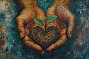 Hands holding a small seedling in the shape of a heart.