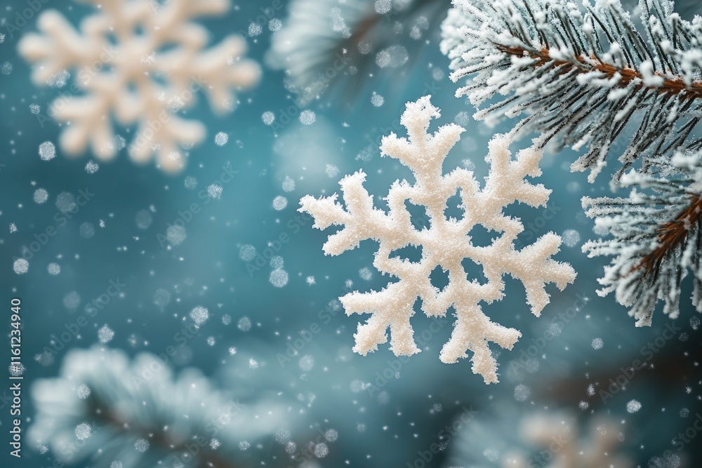 Poster A delicate snowflake hangs from the branch of a tree, surrounded by winter foliage