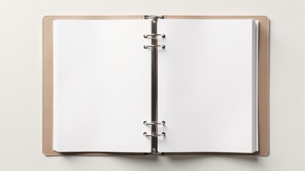 An open ring binder with blank pages on a neutral background, ideal for concepts related to organization, planning, or creative projects