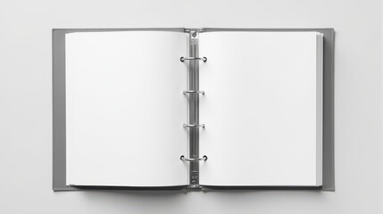 An open ring binder with blank pages on a neutral background, ideal for concepts related to organization, planning, or creative projects