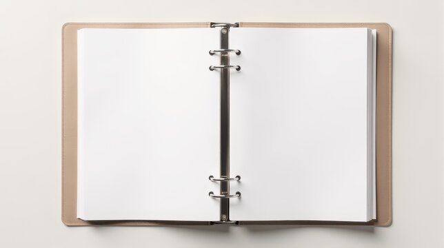 An open ring binder with blank pages on a neutral background, ideal for concepts related to organization, planning, or creative projects