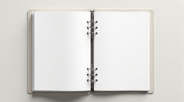 An open ring binder with blank pages on a neutral background, ideal for concepts related to organization, planning, or creative projects