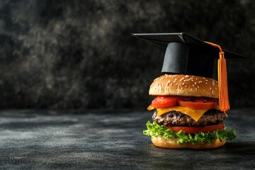 Cheeseburger with graduation cap on dark background: celebrating culinary achievement