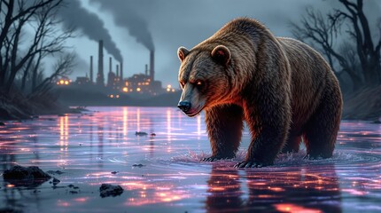 Majestic bear encounters industrial landscape at dusk