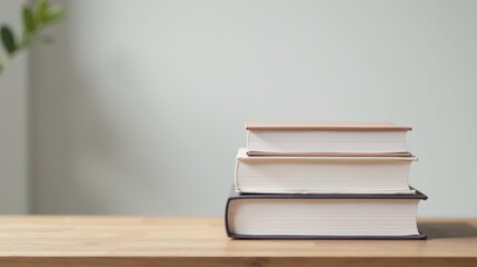 Fototapeta premium Stack of four hardcover books on a wooden table with a blurred green plant in the background, creating a calm, scholarly atmosphere