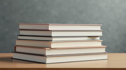 Fototapeta premium Stack of four hardcover books on a wooden table with a blurred green plant in the background, creating a calm, scholarly atmosphere