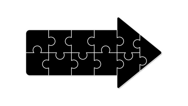 A black arrow composed of interlocking puzzle pieces on a white background, symbolizing unity and direction