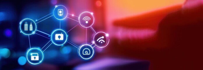 Abstract technology background featuring digital icons connecting various concepts in a vibrant, modern setting.