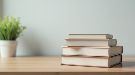 Stack of four hardcover books on a wooden table with a blurred green plant in the background, creating a calm, scholarly atmosphere