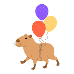 Funny festive capybara walks with bunch of balloons. Cute capibara for holiday greeting card, invitation, banner. Birthday character. Vector flat illustration isolated on white background