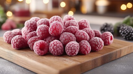 Close up of whole frozen raspberries and blackberries on wooden board for culinary use