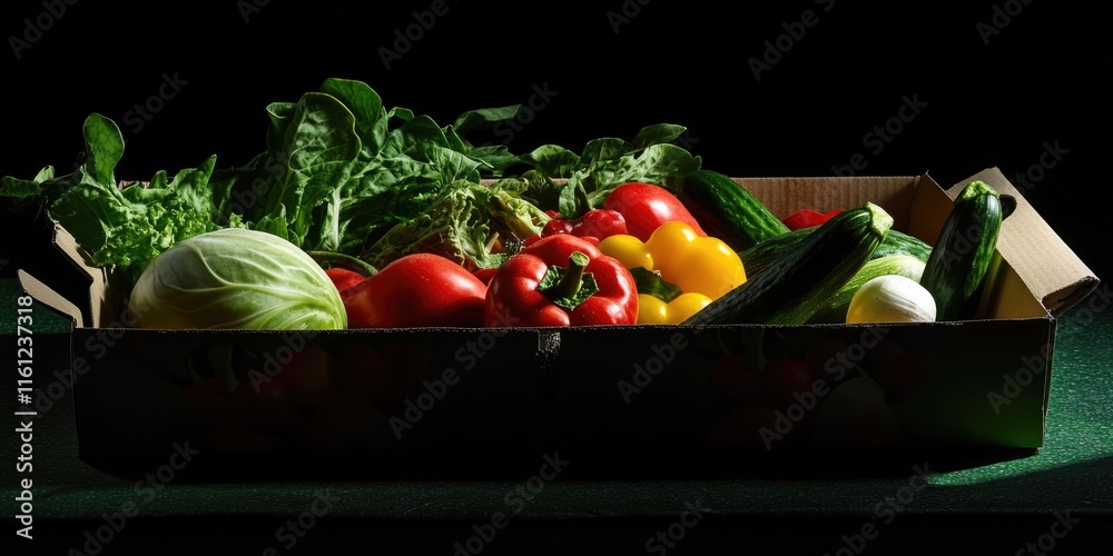 Poster fresh and colorful mixed vegetables in a wooden crate