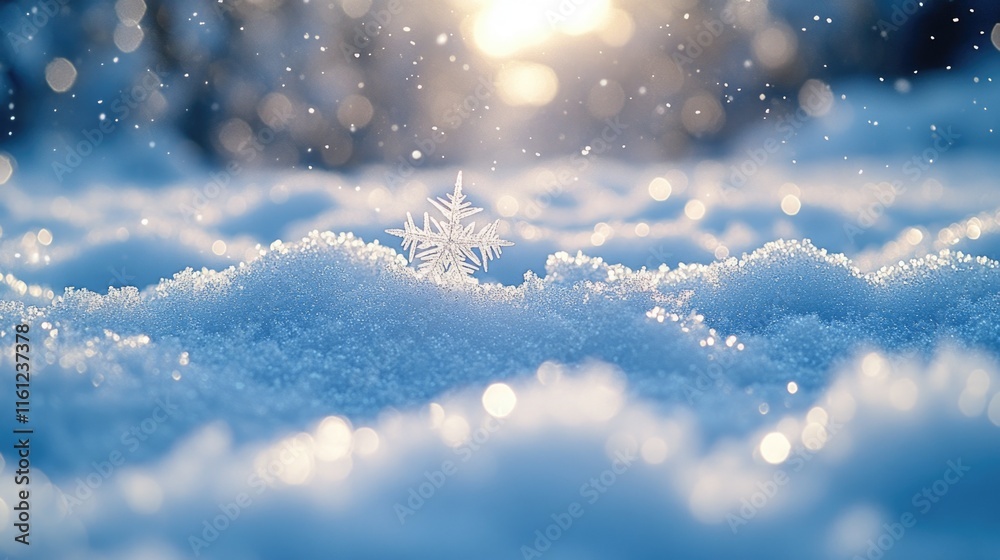 Poster a single snowflake sits atop a large pile of snow, showcasing its delicate beauty