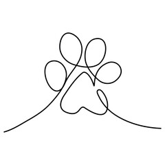 Dog foot print continuous one line drawing with animal paw icon outline vector