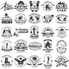 Ski, Ice Skate, Hockey and Snowboard Club emblem. Vector. Concept for shirt, print, stamp, badge. Vintage typography design with snowboarder, skate, skates blades and skier silhouette. Winter sport