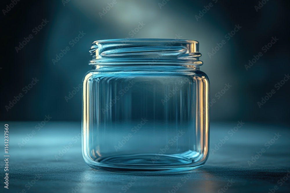 Poster A clear glass jar with a lid resting on a table, ready for use