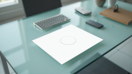 Naklejka premium A blank sheet of paper sits on a glossy desk next to eyeglasses and a potted plant, suggesting a calm and organized workspace