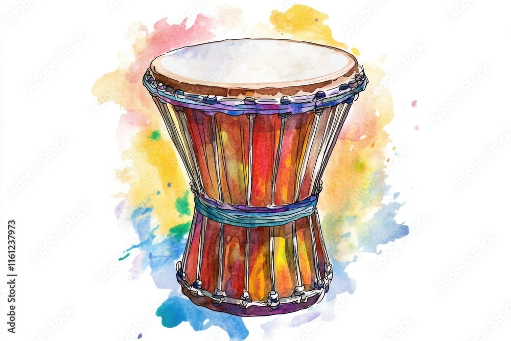 Poster a watercolor illustration of a drum on a white background, ideal for music-related projects or as a 