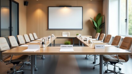 Fototapeta premium Modern conference room with long wooden table, swivel chairs, microphones, and a large projection screen, ideal for meetings and presentations