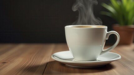 Obraz premium Steaming coffee cup on a wooden table with a blurred potted plant in the background, captured in warm lighting