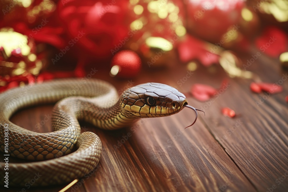 Poster a close-up photo of a snake's head with its mouth open, situated on a table