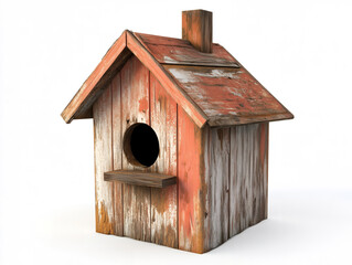 Aged Wooden Birdhouse with Rustic Charm, Weathered Birdhouse on White Background